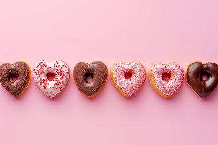 a row of heart shape doughnuts for valentines day, overhead shoの素材