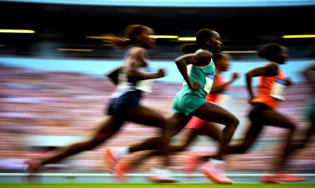 Professional runners taking part in a race in a stadium. Fast motion blurの素材