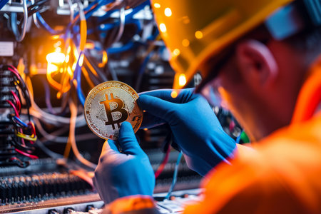a person with a bitcoin at a crypto currency mining farmの素材