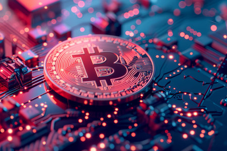 Bitcoin cryptocurrency coin on a computer circuit board in neon colorsの素材