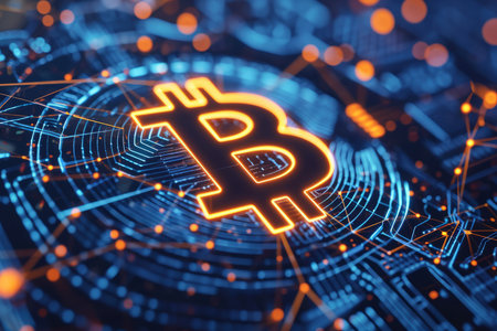 Bitcoin cryptocurrency coin on a computer circuit board in neon colorsの素材