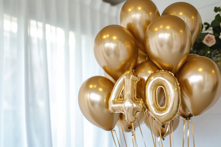 Happy 40th birthday. Gold helium 40 birthday balloons at a celebration eventの素材