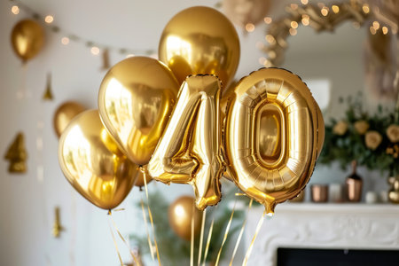 Happy 40th birthday. Gold helium 40 birthday balloons at a celebration eventの素材
