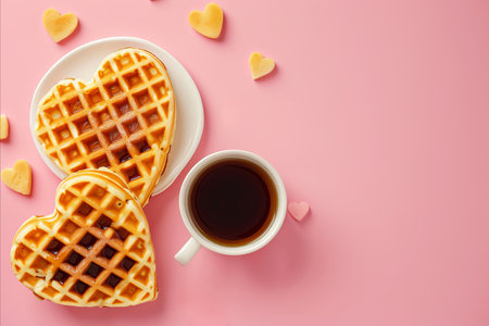Fresh heart shaped waffles. Valentines day breakfast treatの素材