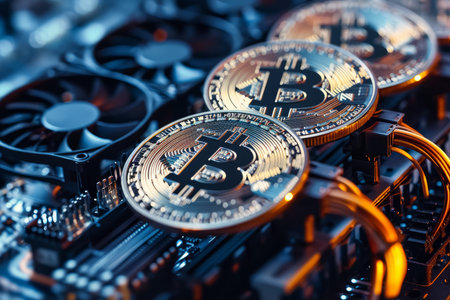 Bitcoin crypto currency coin with computer hardware equipmentの素材