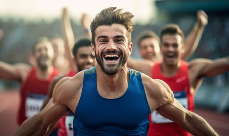 A male track and field athlete celebrating winning a sprint race at a sports eventの素材