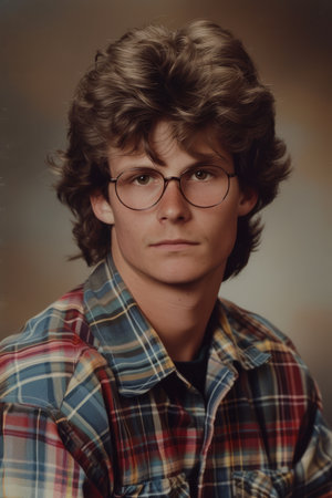a vintage high school portrait of a young man from the 1980sの素材