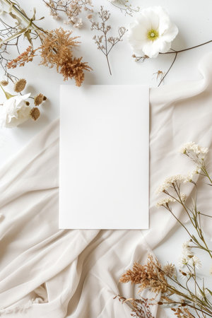 Overhead flat lay view of a blank white invitation stationery card with flowersの素材