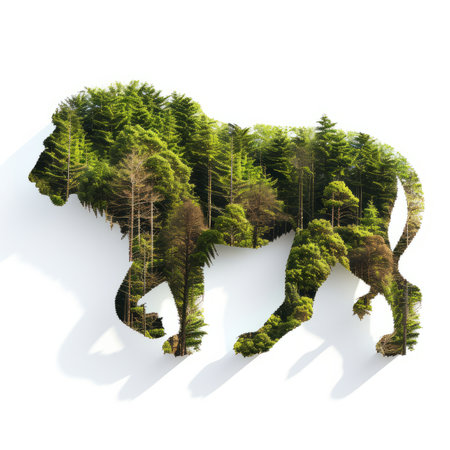 overhead view of a forest of trees in the shape of an lion, isolated against a white backgroundの素材