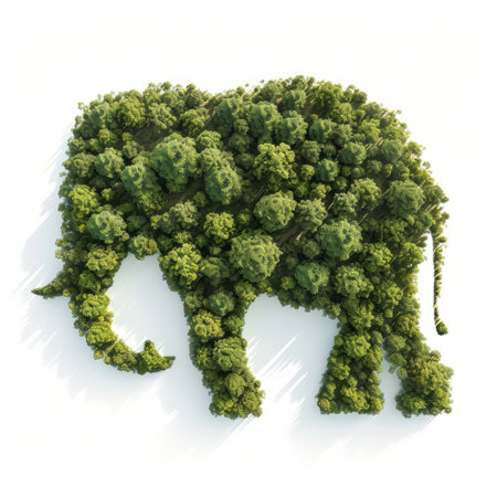 overhead view of a forest of trees in the shape of an elephant, isolated against a white backgroundの素材