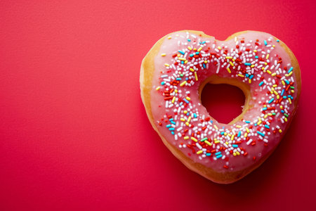 A sticky iced doughnut in the shape of a love heart for Valentines dayの素材