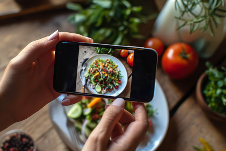 Overhead top view of a person taking a photo of their food with a phone for social mediaの素材