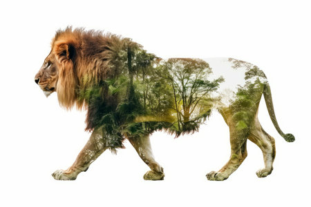 double exposure effect of a lion walking and green jungle. World wildlife dayの素材