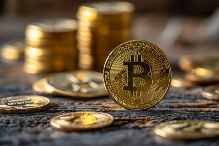 A gold bitcoin crypto currency coin. Blockchain technologyの素材