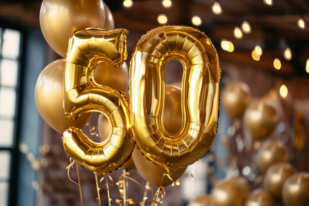 Happy 50th birthday. Gold helium 50 birthday balloons at a celebration eventの素材