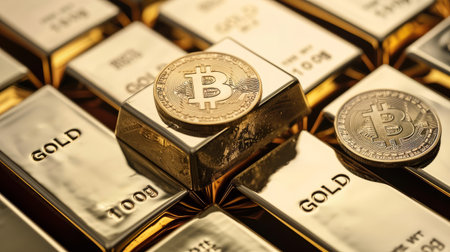 bitcoin crypto currency coin on top of gold barsの素材