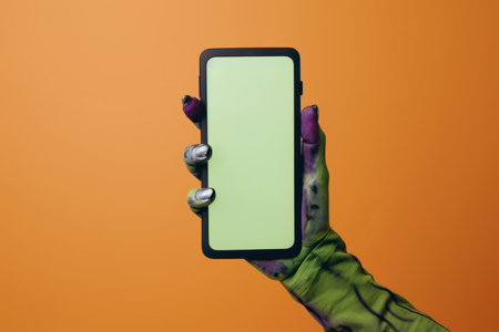 Creepy halloween monster zombie hand holding a mobile phone with a blank screenの素材