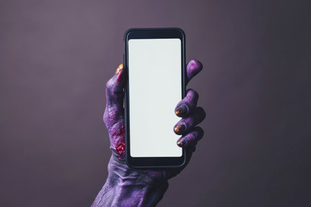 Creepy halloween monster zombie hand holding a mobile phone with a blank screenの素材