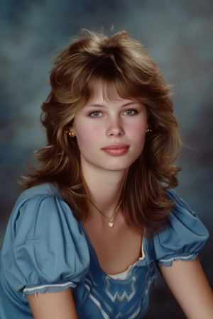 a vintage high school portrait of a young woman from the 1980sの素材