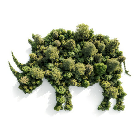overhead view of a forest of trees in the shape of an rhinoceros, isolated on a white backgroundの素材