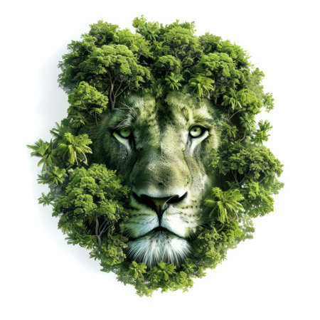 overhead view of a forest of trees in the shape of an lion, isolated against a white backgroundの素材