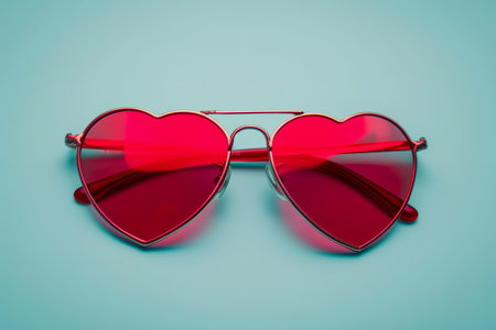 Stylish heart shaped sunglasses on a plain backgroundの素材