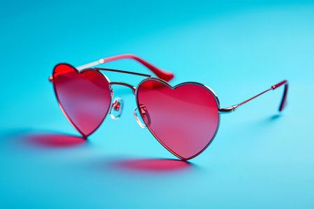 Stylish heart shaped sunglasses on a plain backgroundの素材