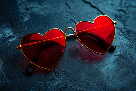 Stylish heart shaped sunglasses on a plain backgroundの素材