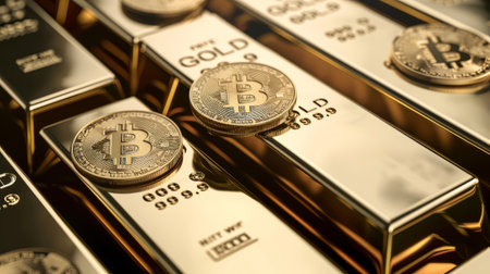 bitcoin crypto currency coin on top of gold barsの素材