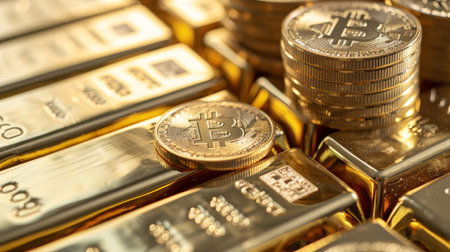 bitcoin crypto currency coin on top of gold barsの素材