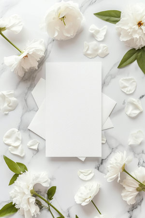 Overhead flat lay view of a blank white invitation stationery card with flowersの素材