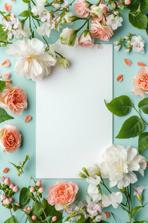 Overhead flat lay view of a blank white invitation stationery card with flowersの素材
