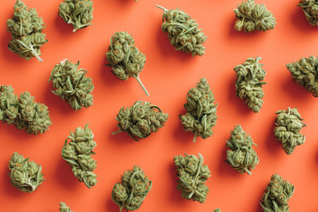 Overhead flat lay of dried cannabis marijuana buds on a bright color backgroundの素材