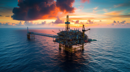 Oil rig in the middle of the ocean beautiful evening golden hour lightの素材