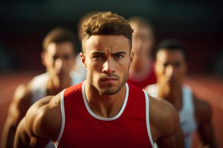 Portrait of a focused male athlete at the start of a sporting event in a stadiumの素材