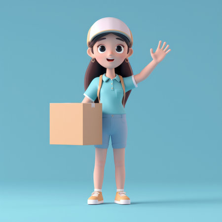 cute cartoon character of a female logistics delivery service worker. 3D render styleの素材