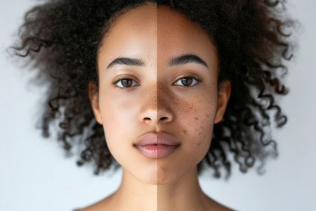 Side by side face comparison of a woman with bad skin on one side and clear skin on the otherの素材