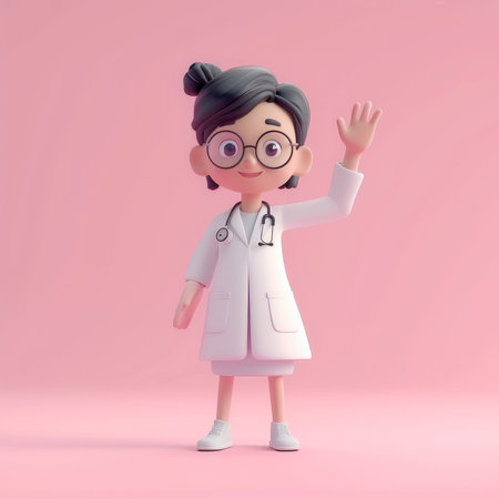 3D style cute cartoon character of a welcoming female doctor wavingの素材