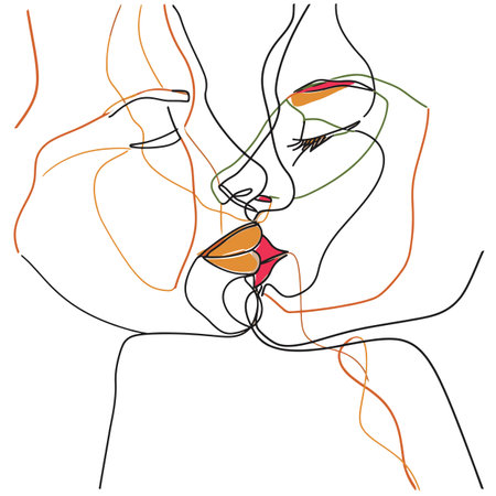 Simple abstract line drawing illustration of a couple kissingの素材