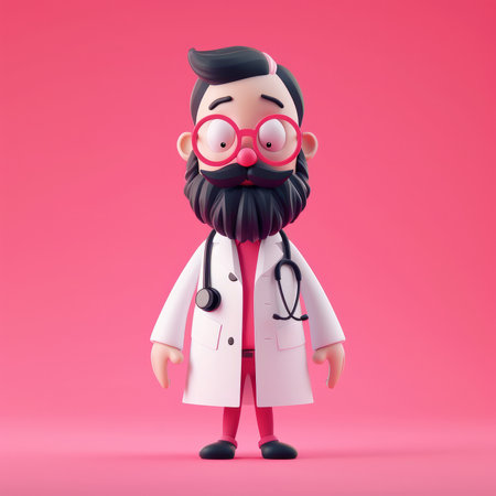 3D style cute cartoon character of a medical doctor against a bright color backgroundの素材