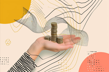 Business persons hand holding a stack of coins. Paper art collage style illustrationの素材