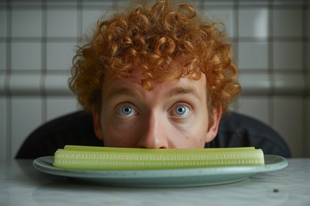Portrait of a person with a stick of celery. Dieting and healthy eatingの素材