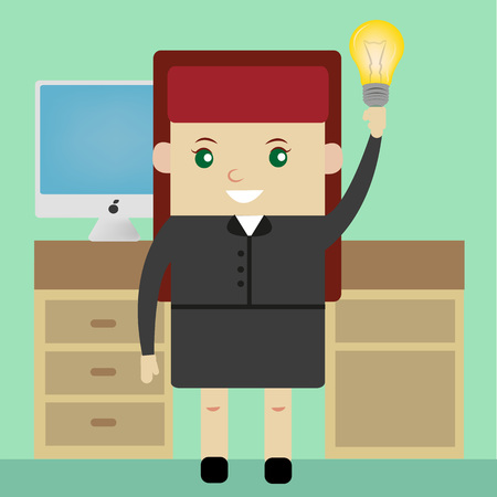 business woman with an idea to in office / business woman in office with computer desk and having an idea bulb electricのイラスト素材