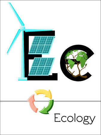 Flash card letter E is for Ecology. Science alphabet for kids. Puzzle ABC flash cards series. Cartoon vector illustration in flat style.のイラスト素材