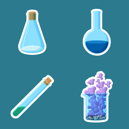 Chemical equipment. Closed cone and open round flasks with powder and liquid, test tube, beaker with crystals and smoke.のイラスト素材