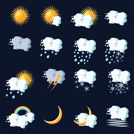 Weather icons in cartoon style on dark blue background.のイラスト素材