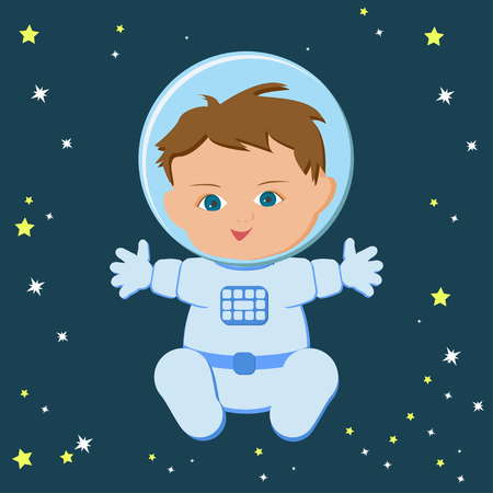 Cute sitting baby boy astronaut in a spacecuit and helmet isolated on a stary dark blue sky background.のイラスト素材