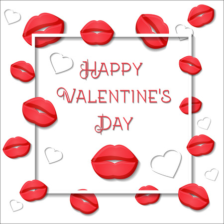 Happy Valentine's day greeting card template with red lips, white hearts, square frame and text on white background. Cartoon style vector illustration.のイラスト素材