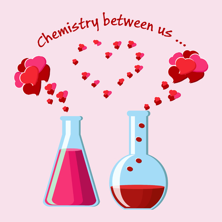 Valentines Day greeting card with two chemical flasks with love potions and evaporating hearts, and text.のイラスト素材