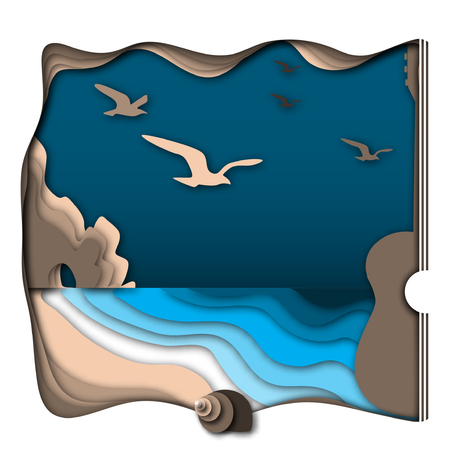 Sound energy concept with ocean, beach, rocks, seashell and guitar. Kinds of energy, part 6. Science for kids. Paper cut out style vector illustration.のイラスト素材